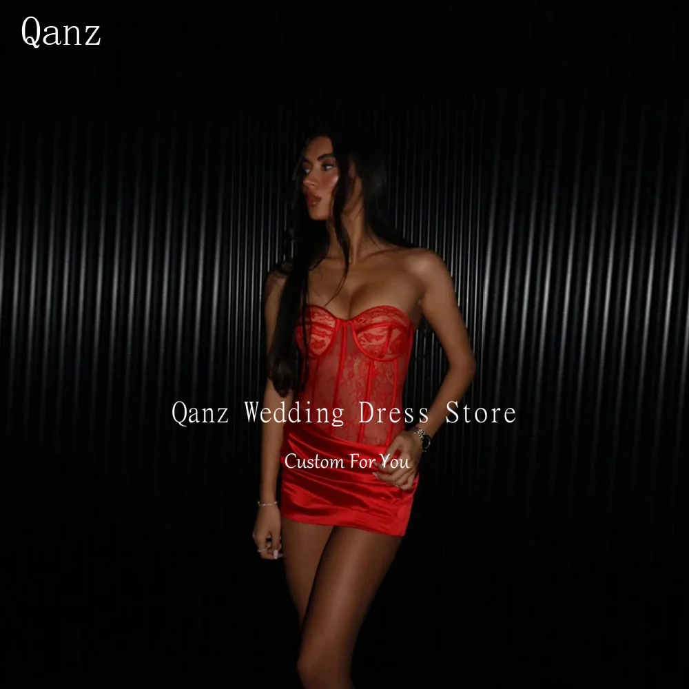 

Qanz Red Short Satin Prom Dresses Lace Mini Sleeveless Sexy Dress Party Night Corset Back Birthday Party Gowns Customized