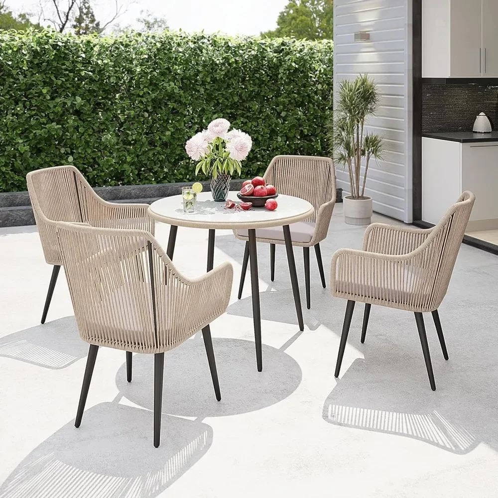 Outdoor Tables， 5-Piece Patio Dining Set, W/Umbrella Hole, 4 Cushioned Chairs&Glass Table，patio Furniture