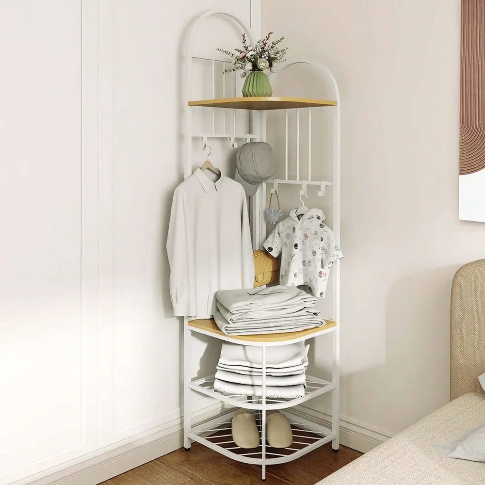 

4Tier Coat Rack Corner Hall Tree With Shoe Storage Bench 6 Removable Hooks Bedroom Brown Natural White