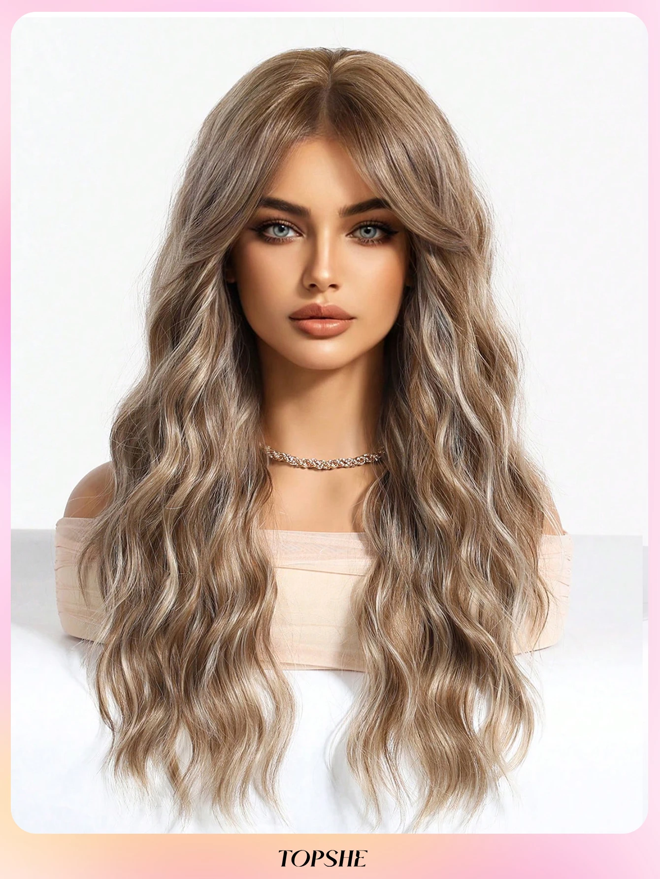 Halloween Wig TopShe 24 inch Curly Synthetic Wig Long Wavy Wig with Bangs for Woman Blonde Highlight Brown Hair for Girls Heat Resistant Loose Wave Wigs Natural Looking Cosplay Costume Party Daily Wear Soft Full Head Fiber Wigs Fashion Gradient Color