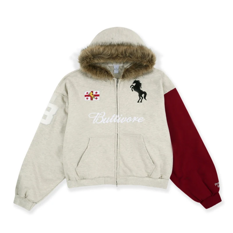 

American retro Y2K Harajuku style fur collar design, color blocking, personalized ins trendy brand new hooded sweatshirt