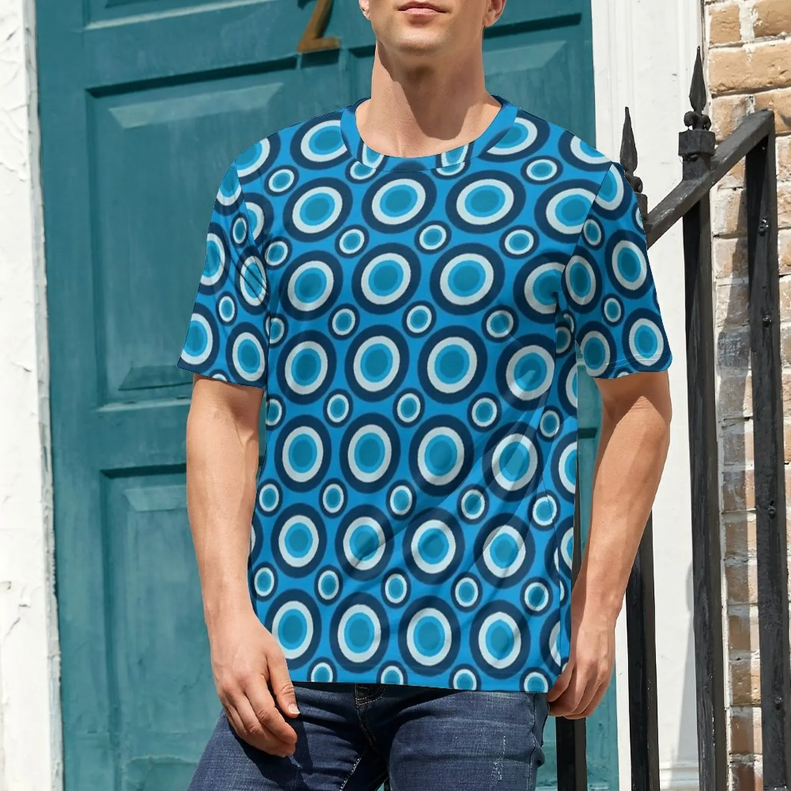 Men Deep Blue Circle Dot T Shirt  Hip Hop T-Shirts Short Sleeve Printed Tops Hot Premium Casual Plus Size Tees