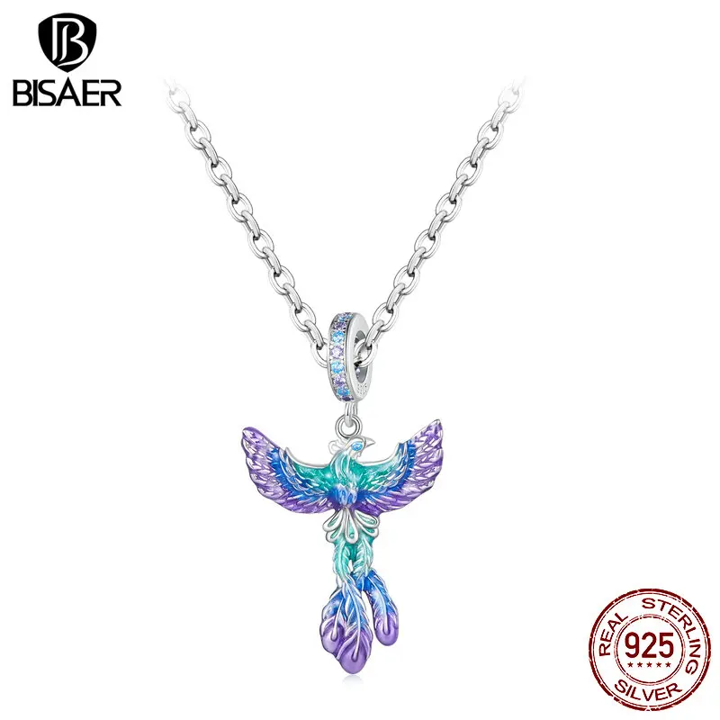 

BISAER 925 Sterling Silver Gradient Phoenix Pendant Necklace Enamel Process Plated Platinuma Ajustable Chain Women Fine Jewelry