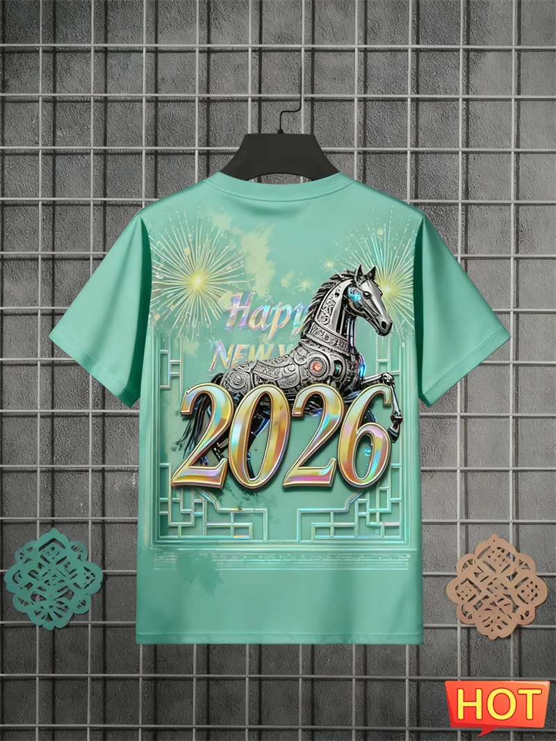 

Happy New Year 2026 Letters Horse Pattern T Shirt Fashion Trendy Men Women Short Sleeve 3D Printed T-shirt Loose Streetwear Tees