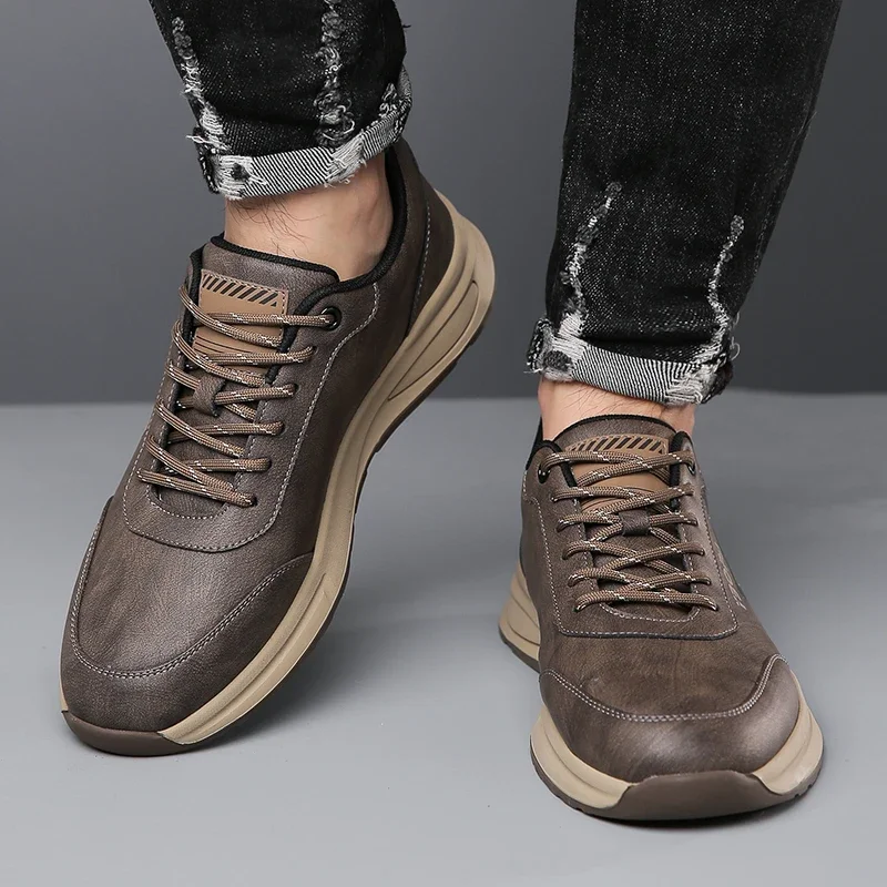 High Quality Brand Men\'s Genuine Leather Casual Shoes Thick Soled Wear-resistant Hiking Shoes Trendy Gray Sports Shoes for Men’s