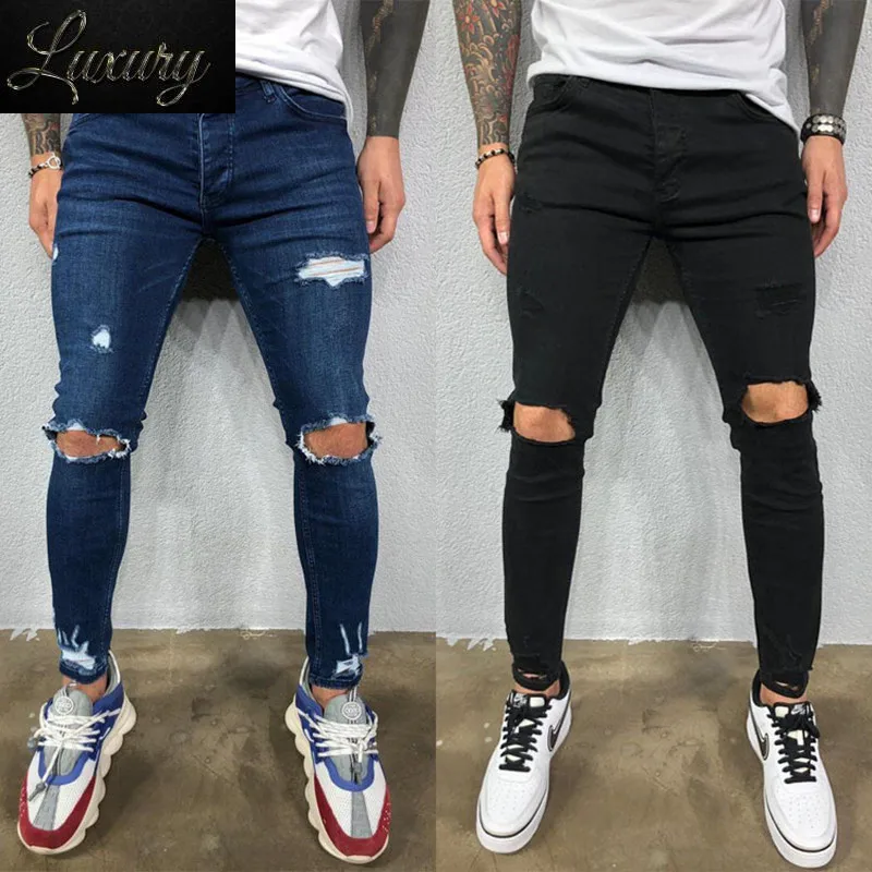 

Knee hole Ripped Jeans Men Skinny blue & black High Street Style Elasticity Slim Frayed Casual Pants Trousers Biker