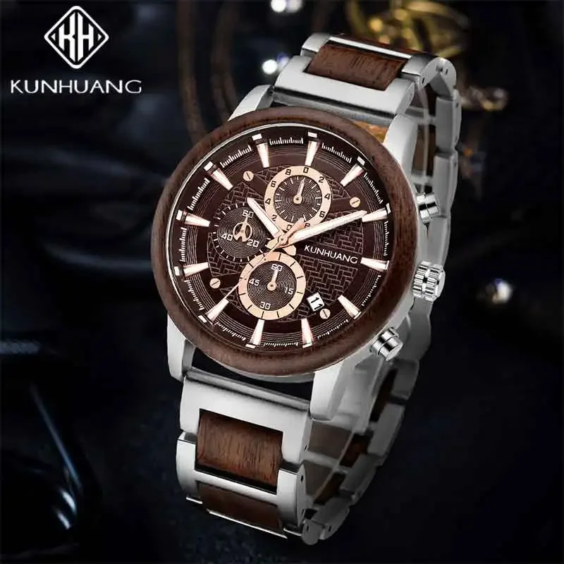KUNHUANG 1pc Retro Wood Watches Luxury Multi-function Wooden Men's Quartz Watch Fashion Sport Luminous Timepieces Męski Zegarek