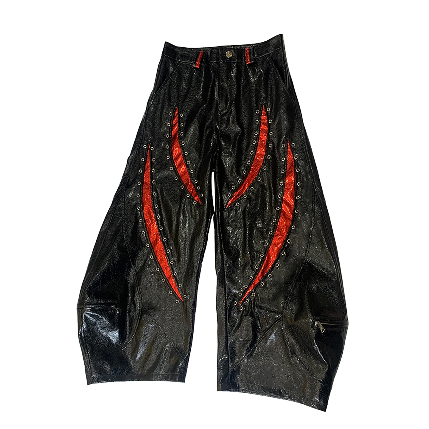 Nerazzurri Men's PU Leather Wide Leg Pants Punk Style Rivet Decorated Bend Knife Color Block Resistance to Wear And Waterproof
