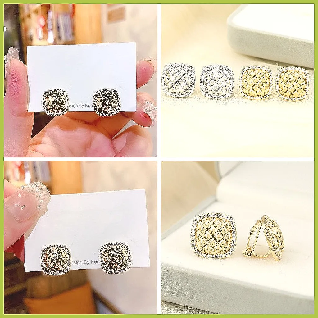 French Square Diamond Checkered Bag Earrings Clip-on, Luxury Elegant Hypoallergenic Women's Jewelry Gift