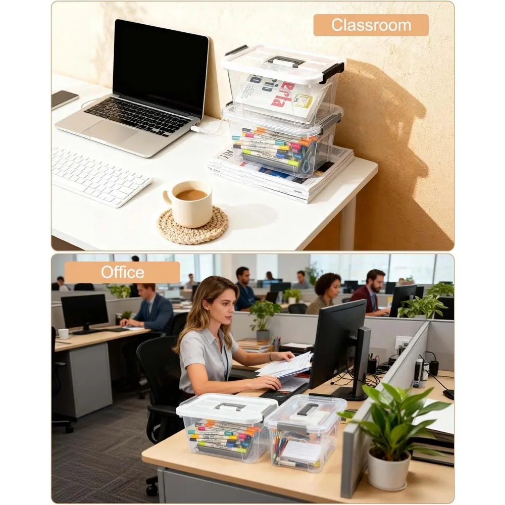 Caixas de armazenamento de plástico transparente com tampas, organizador empilhável para despensa de escritório doméstico, alça fácil e travas de fivela, pacote com 6