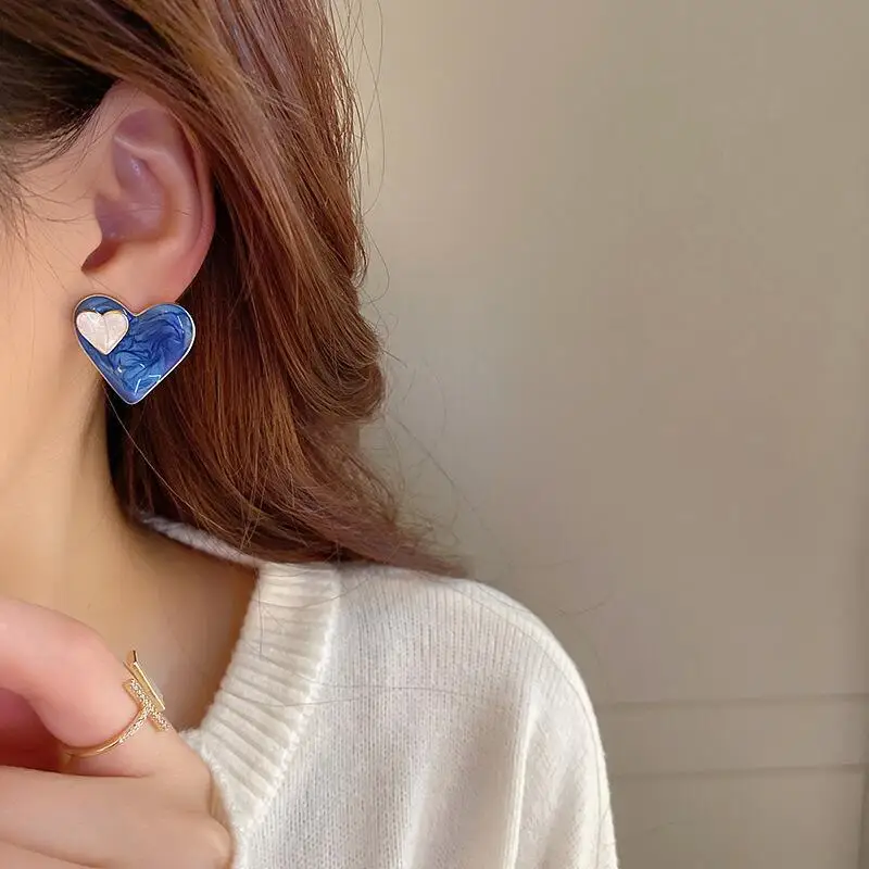 Blue Enamel Oil Hollow heart Earrings for Women Personality Fashion Geometry Drop Earrings Simple Korean Jewelry Gift