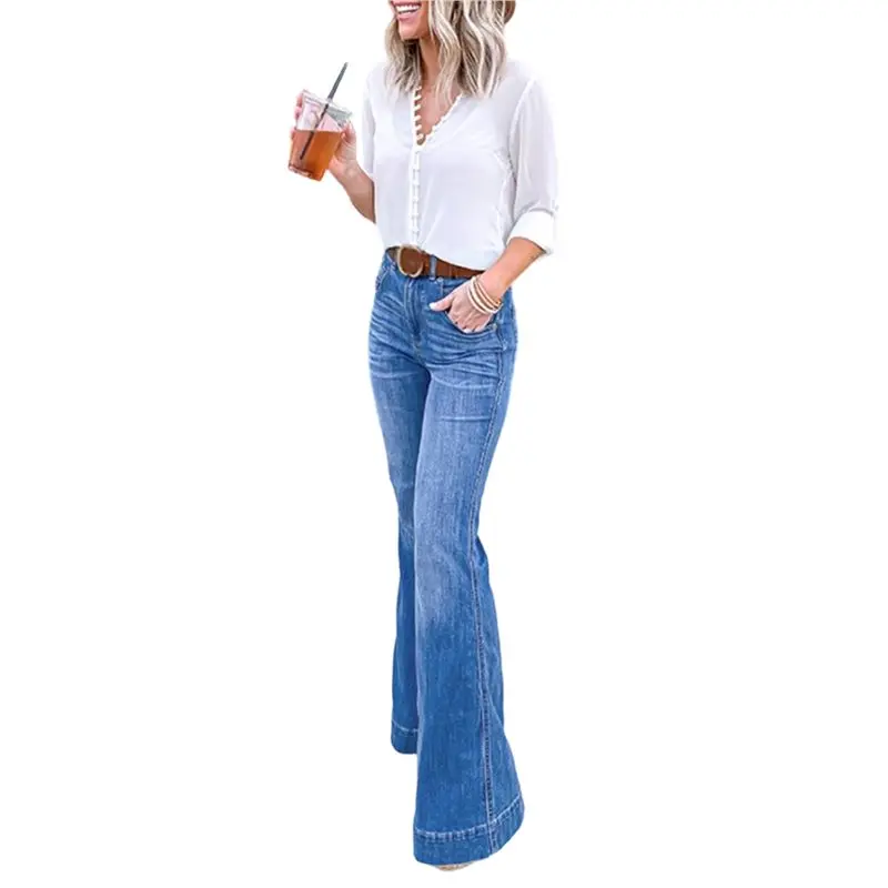 

CYL-Women's Lightweights High Waist Wide Leg Jeans Flared Denim Pants Casual Summer Streetwear