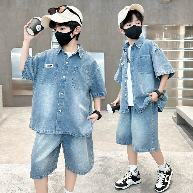 

High Fashion Kids Summer Suit for Boy with Denim Shorts Two Pieces Tracksuit Children Casual Top and Bottom Clothing Set 5-14 Y