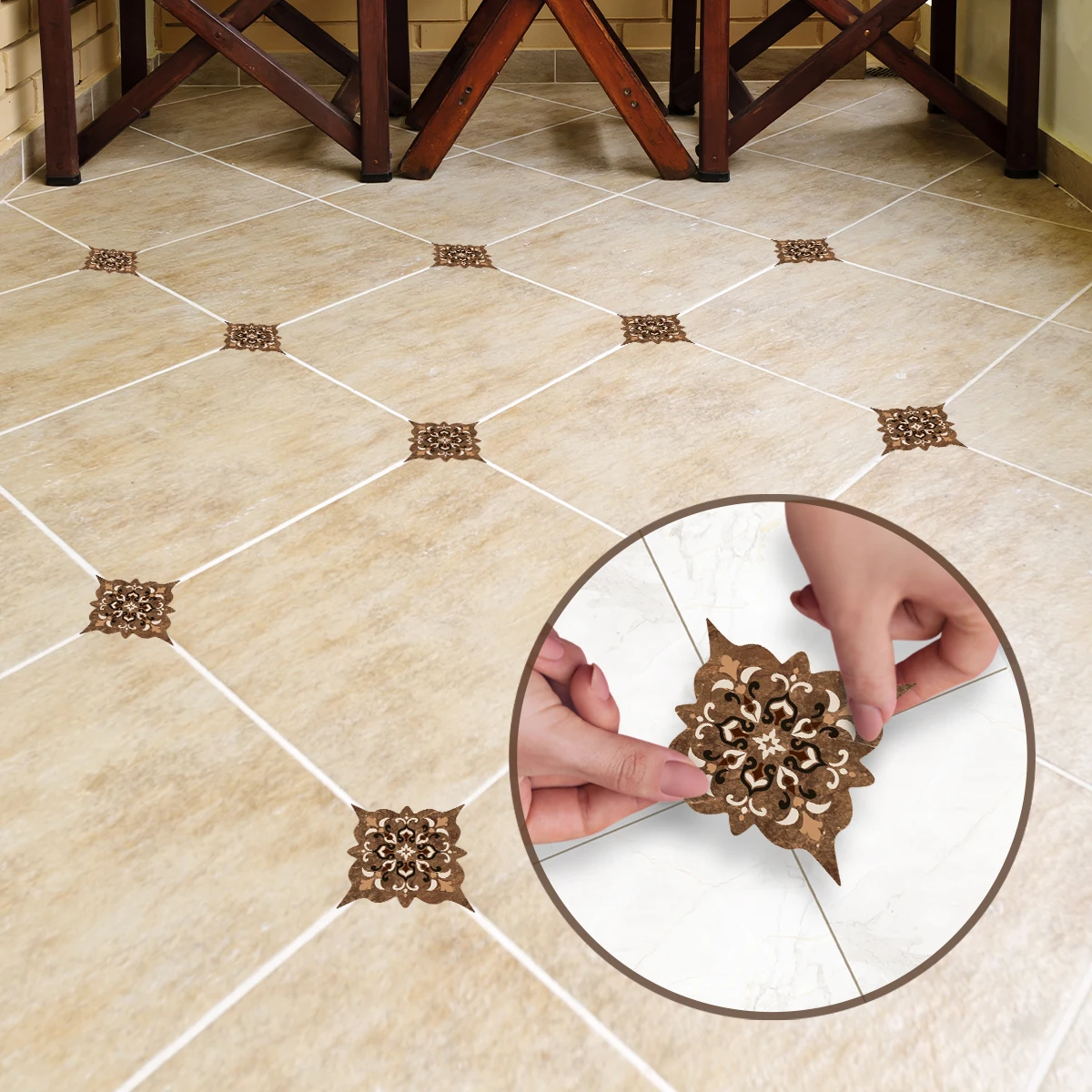 1 Set 21 Pieces Brown, Moroccan Vintage Floral Diagonal Stickers Adhesive Waterproof Floor Home Decor Wall Stickers 23.2x9.9 inc