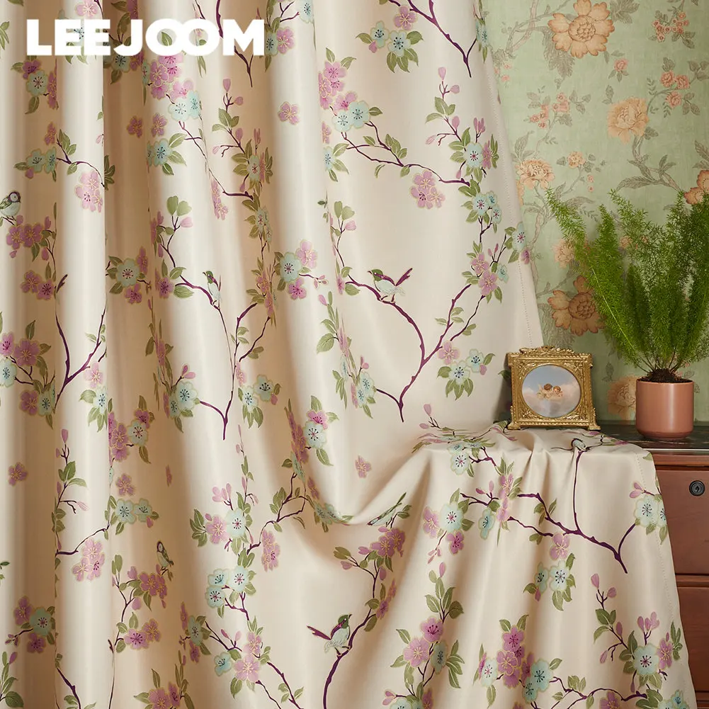 LEEJOOM Modern Style Beige Floral Curtain Window Panel Flower Printing Blackout Curtain Living Room Window Decoration 1PC