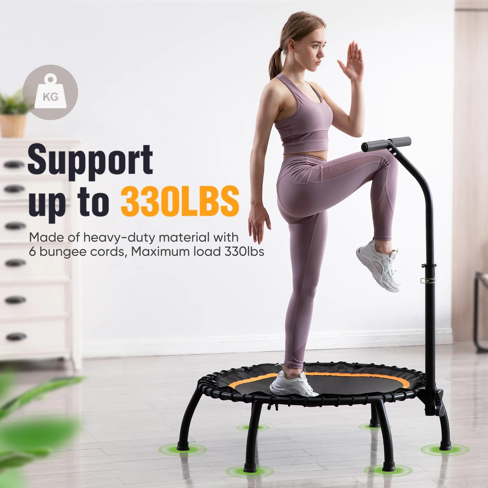 Portable Mini Trampoline with Adjustable Foam Handle Silent Stable Bounce Rebounder for Kids Adults