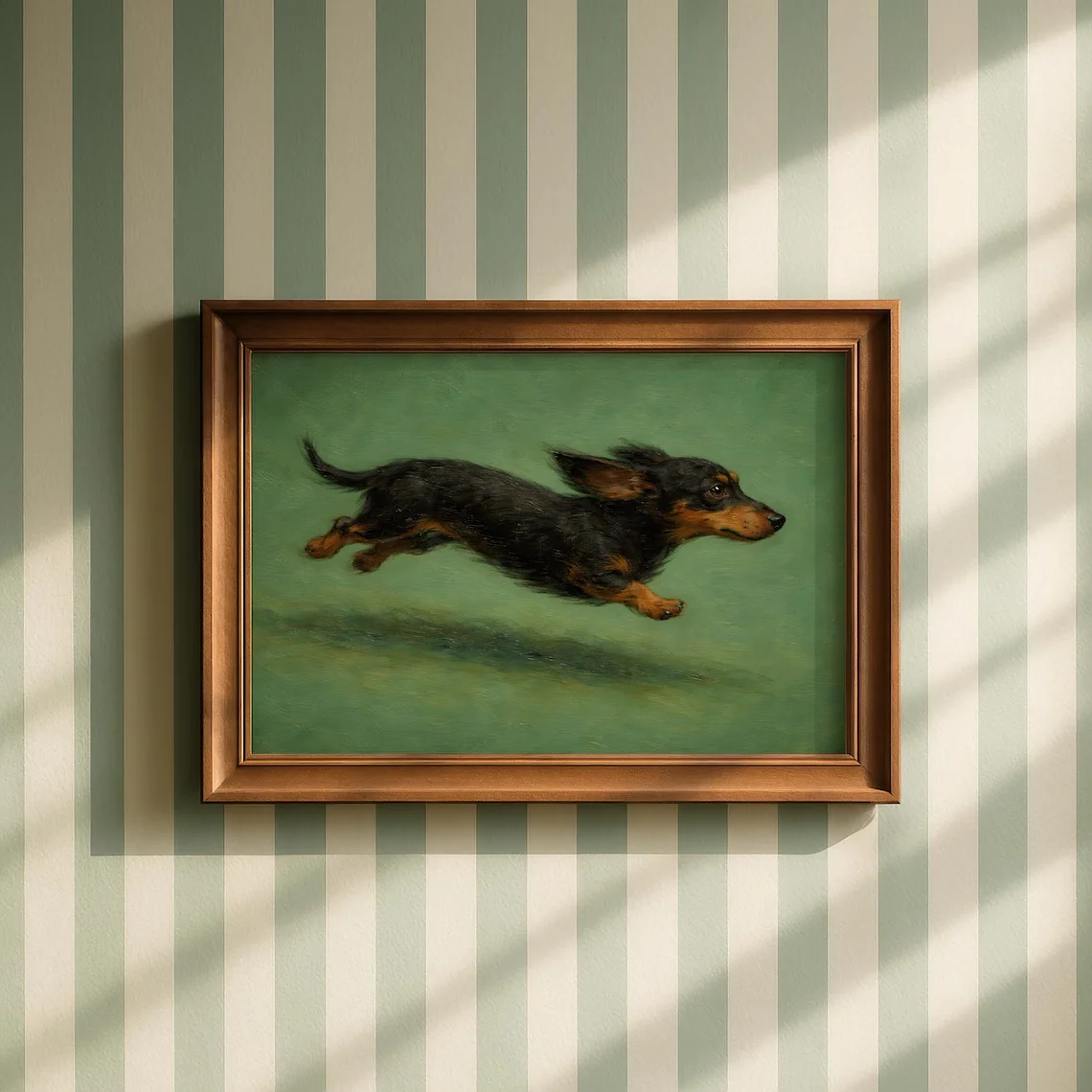 Classic Oil Painting Style Dachshund Wall Print Decor - Timeless Illustration of a Energetic Black-and-Tan Dachshund Mid-Leap