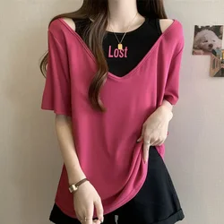 Fashion Loose Letter Off Shoulder Fake Two Pieces T-Shirt Female Clothing 2023 Summer Casual Pullovers Korean Tee Shirt