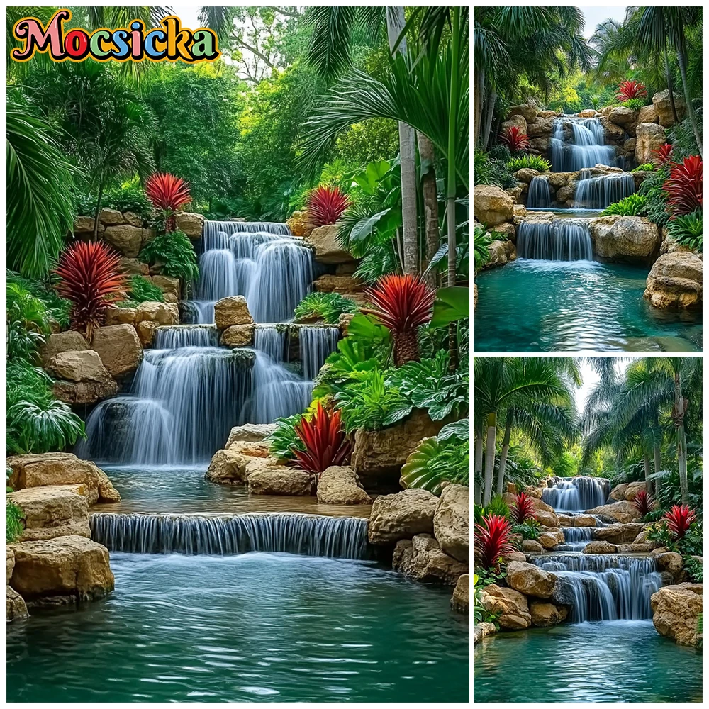 Mocsicka Tropical Waterfall Photography Backdrop Lush Jungle Waterfall Summer Palm Trees Greenery Background Nature Photo Shoots