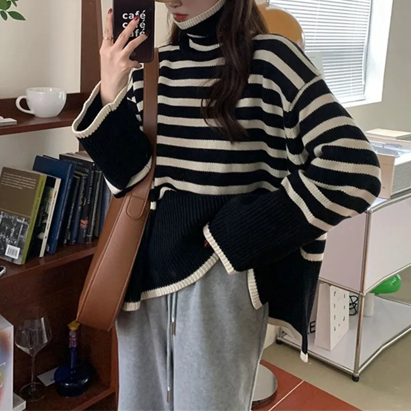 Women\'s Striped Turtleneck Sweater, Long-Sleeved Loose Outer Slit Top Warm, Thickened, Knit, Casual Streetwear, Tops, Y2k, 2024