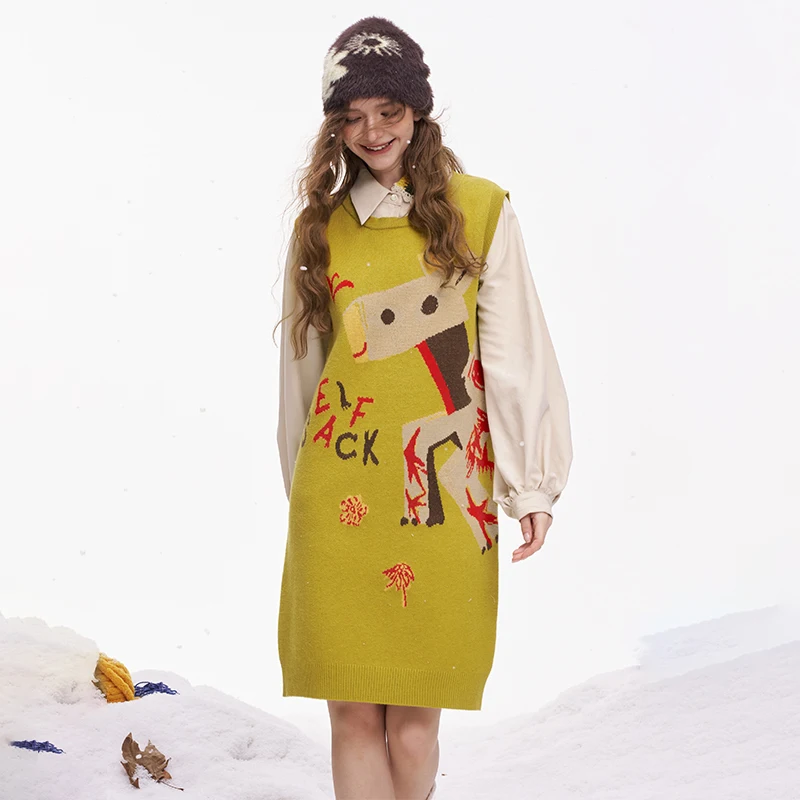 ELFSACK 2025 Zimowe Nowości Y2K Casualowa Sukienka z Kołnierzykiem i Grafiką Doodle, Imitacja Dwuczęściowej Koszuli dla Kobiet