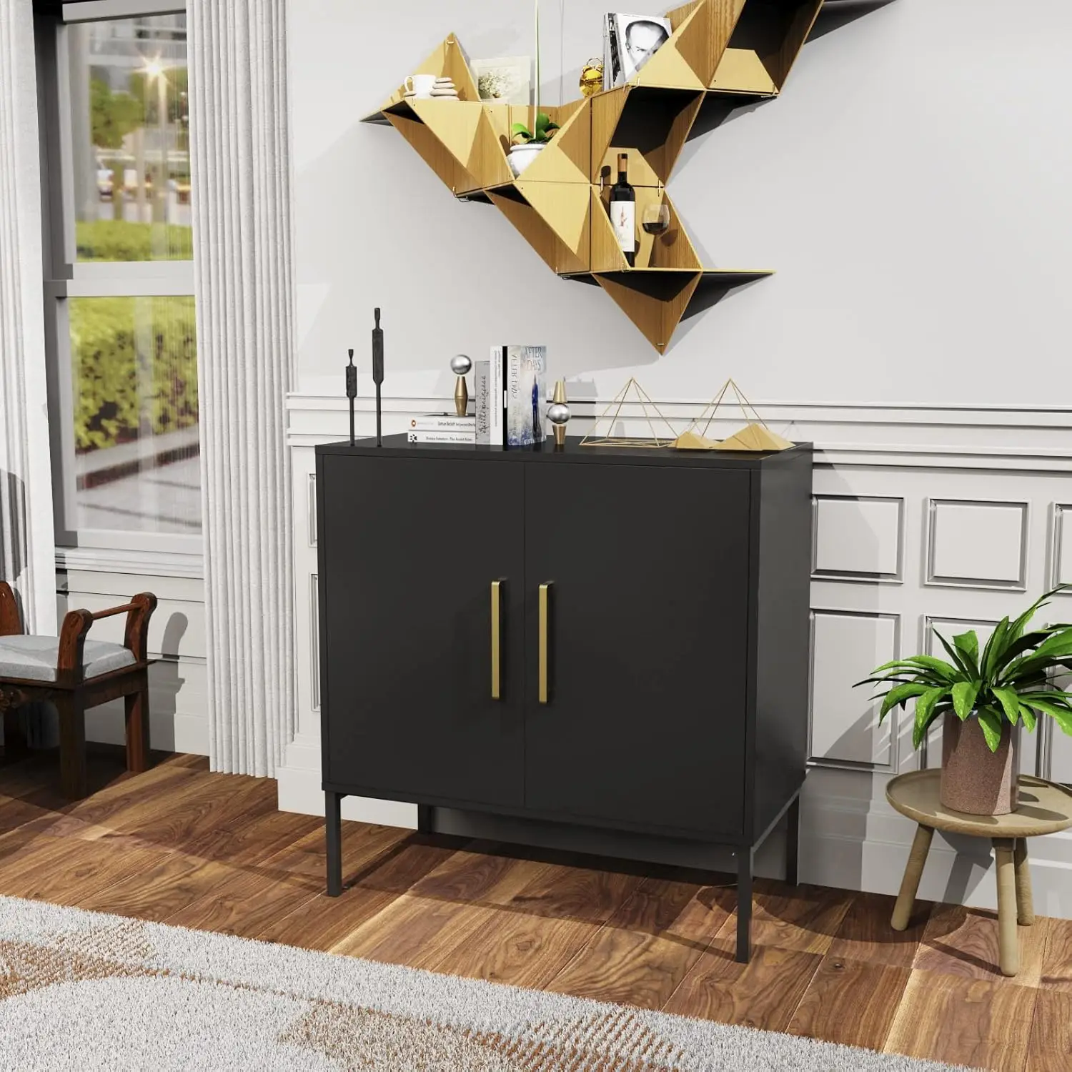 Storage Buffet Cabinet, Freestanding Sideboard with Double Doors, Modern Wooden Sideboard, Black Side Cabinets