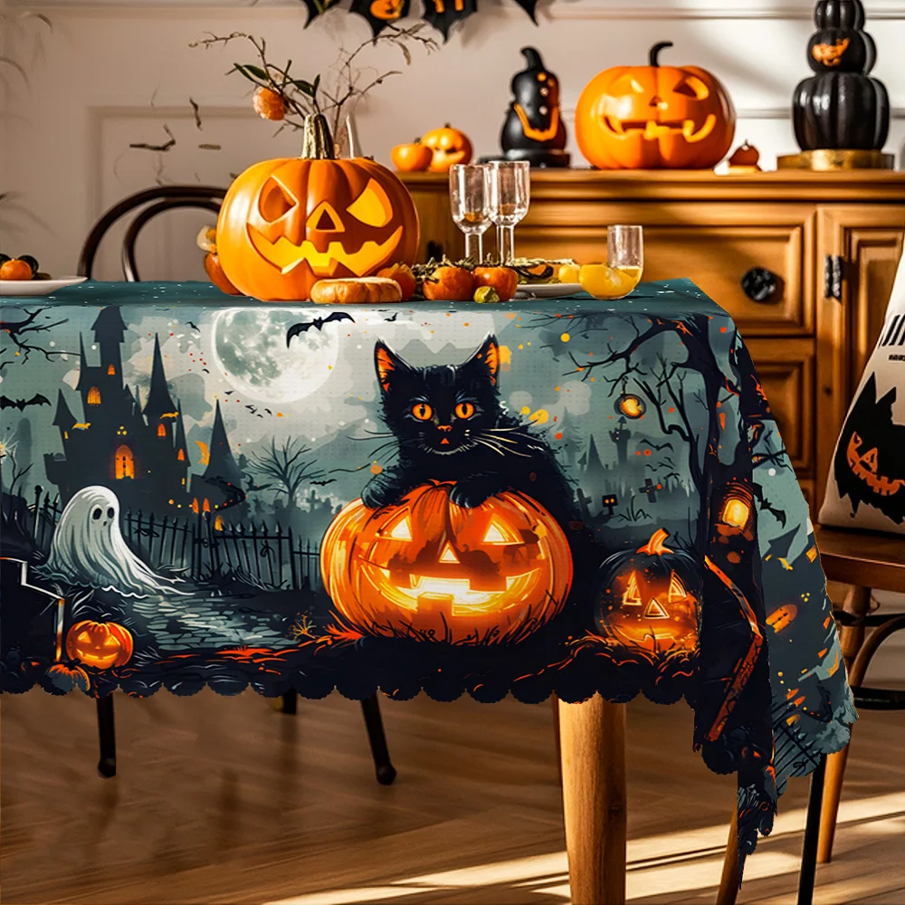 Single pack, cat-themed, Halloween tablecloth, blue decoration, artistic and abstract style, suitable for restaurantszyc