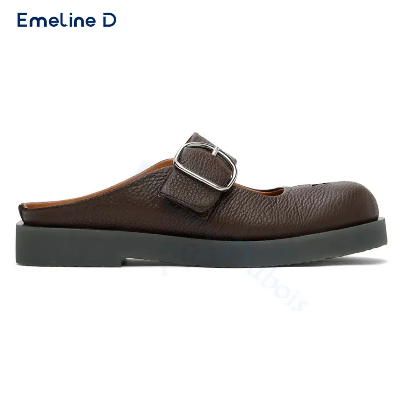 Reddish Brown Belt Buckle Slippers Round Toe Hollow Pull-On Sandals Large Size Fashionable and Comfortable Leather Casual Shoes