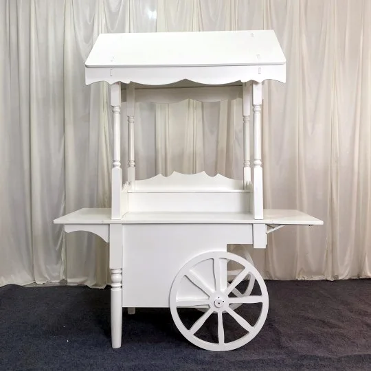 Custom High Quality White Wooden Candy Cart Wedding Party Decoration Dessert Display Frame Bazaar Mobile Cart