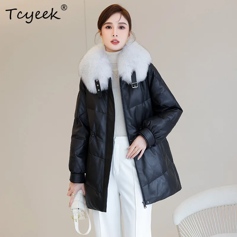 Tcyeek Top Layer Sheepskin White Duck Down Autumn Winter Fox Fur Collar Black Women's Genuine Leather Jacket Jaqueta Couro