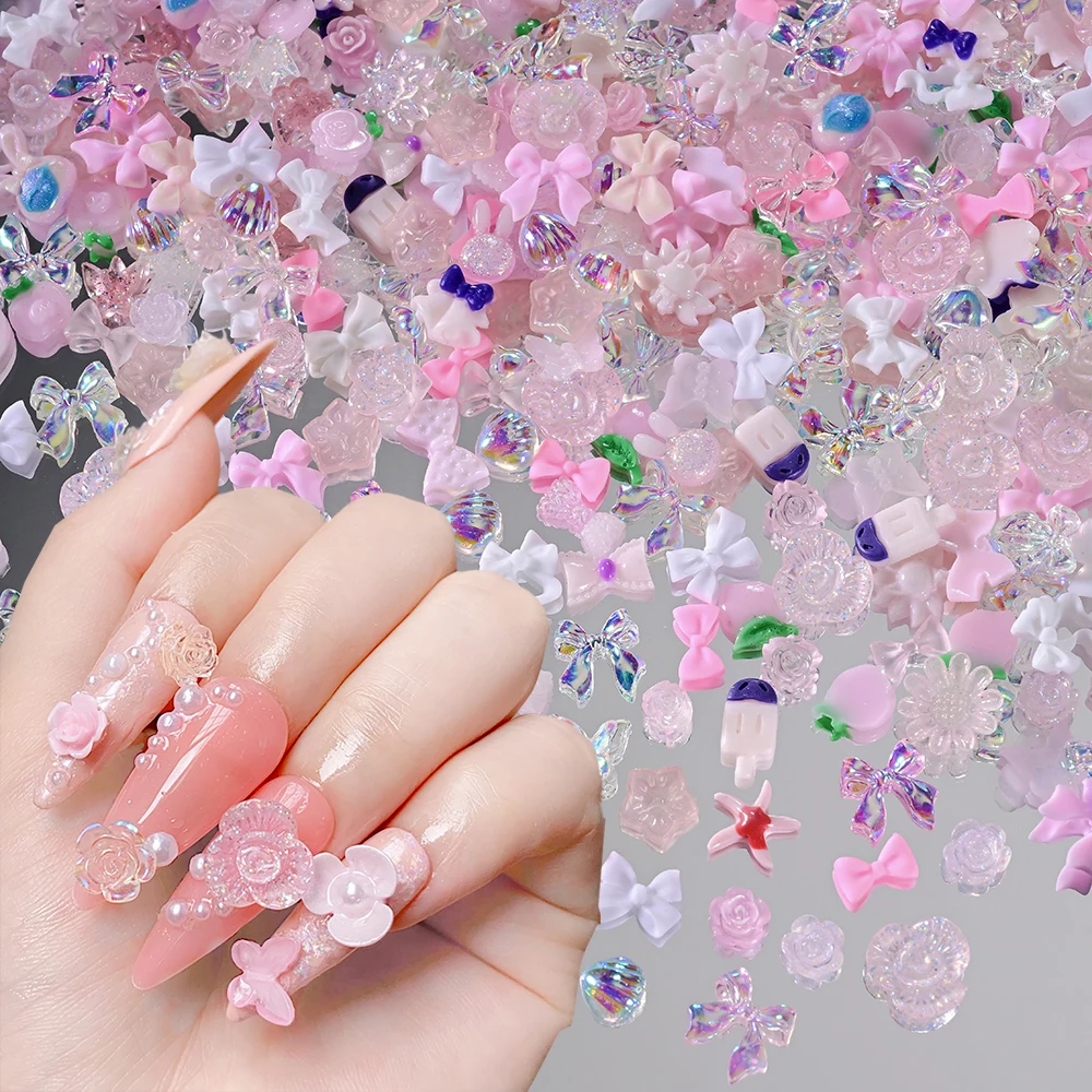    500-600 pièces mélange résine arc ongles accessoires Kawaii rose/bleu/jaune ruban nœud papillon fleur Nail Art breloques bricolage décor