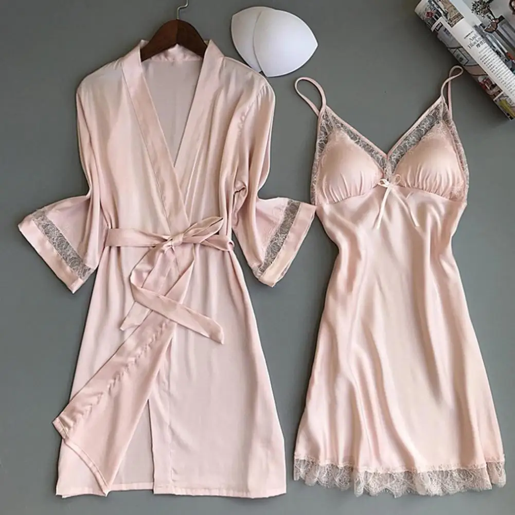 Nightgown And Robe Sets for Women Lace Trim Mini Sleepdress And 3/4 Sleeve Bathrobe Pajamas Set Sexy Chemise Bride Sleepwear