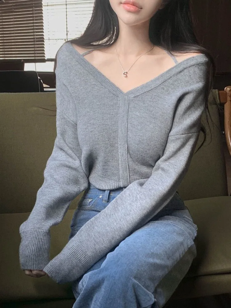 Spring 2025 New Style Women's Knitted Long Sleeve Shoulder Bared Pure Color Sweater Versatile Slimming Top for Various Occasions