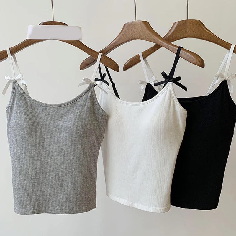 Korean Sweet Women's Contrast Color Bow Sleeveless Slim Camisole With Chest Pad