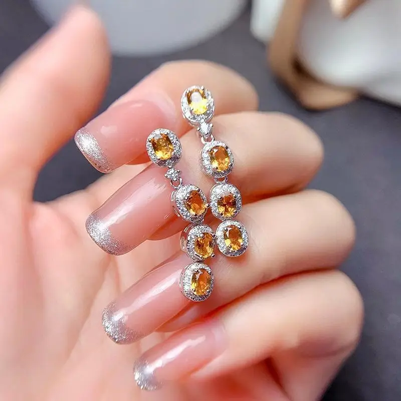 

Fashion and shiny silver 925 inlaid yellow crystal earrings for women High quality exquisite tassel long earring wedding jewelry
