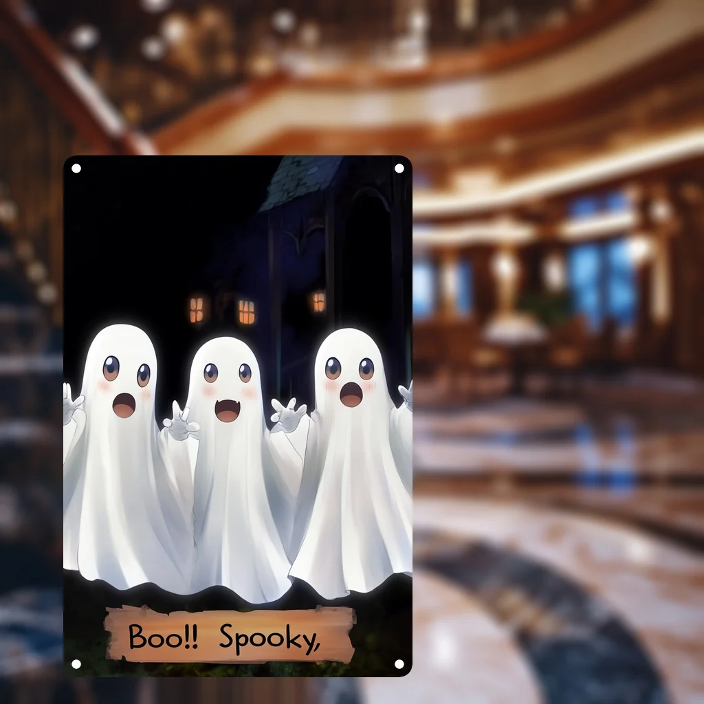 Metal Sign with Weird Characters: A fun and weird Halloween design featuring five different expressions of white ghosts on a bl