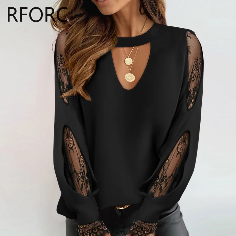 2023 Women Round Neck Lace Patchwork Hollow Out Casual Black Blouse Top