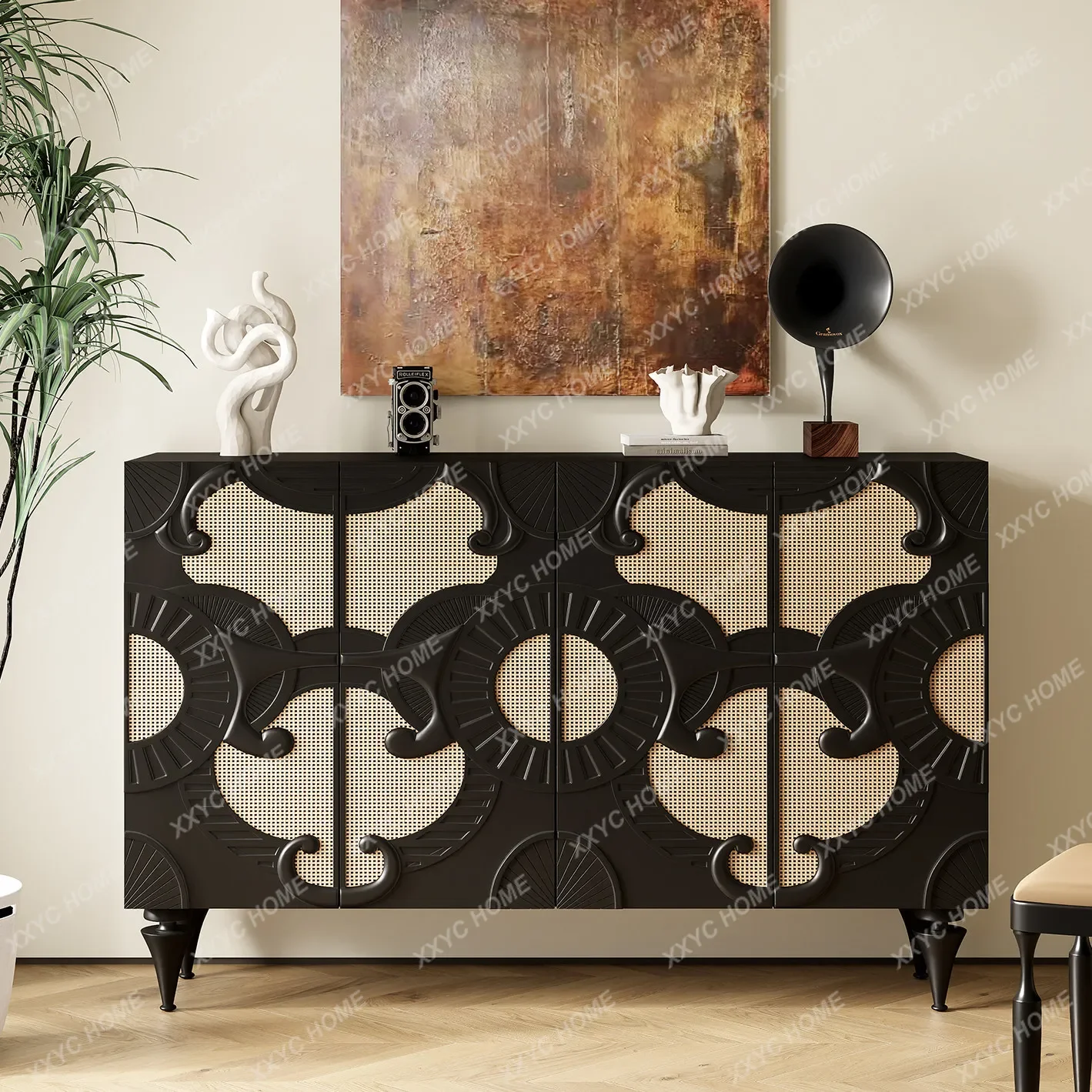 Entryway Cabinet Doorway Partition Rattan Wabi-Sabi Shoe Cabinet Cream Color Bedroom Storage Organizer Minimalist Style Cabinet