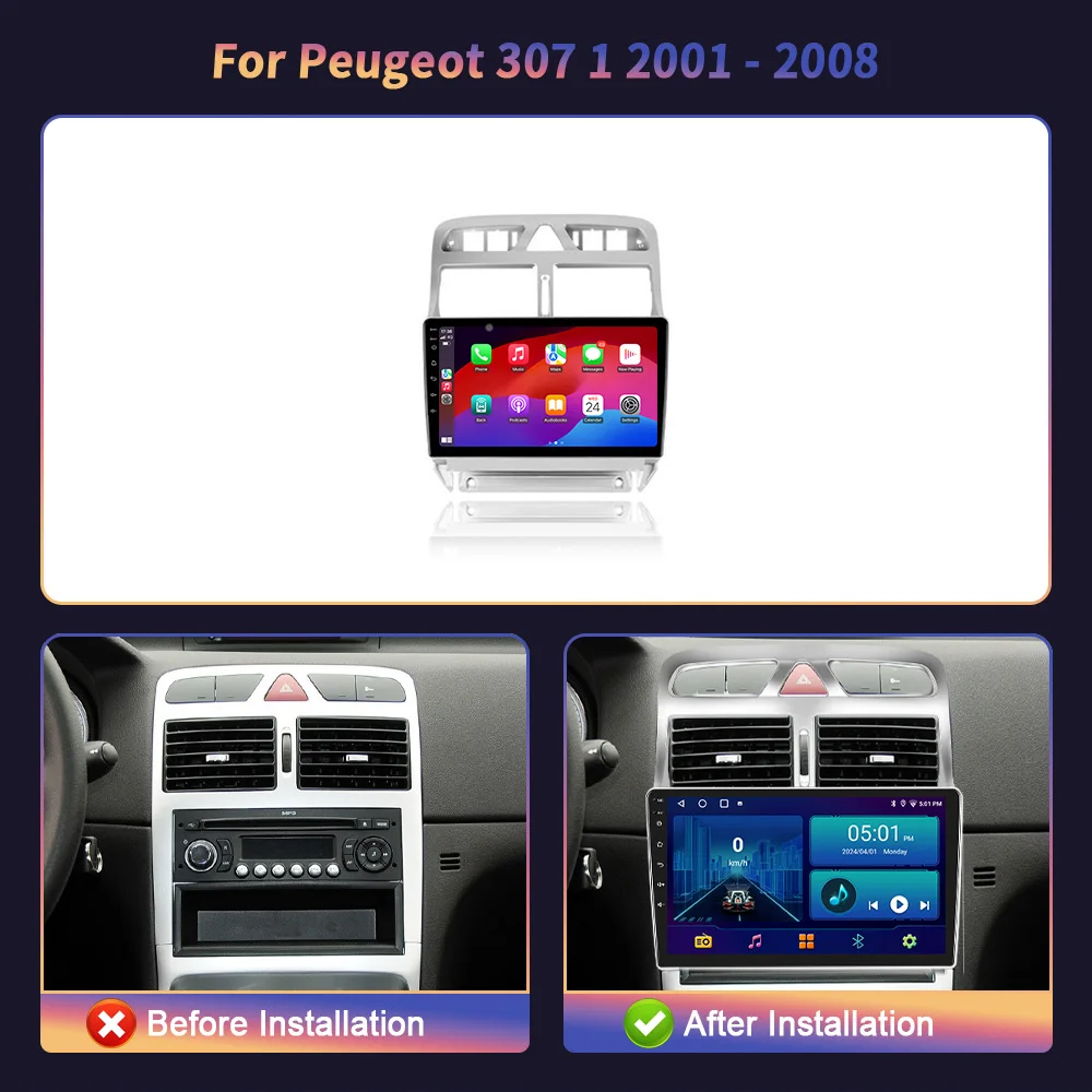 Android 14 Carplay Car Radio For Peugeot 307 1 2001-2008 Multimedia Navigation 4G GPS Touch Screen Stereo 360 Camera car monitor