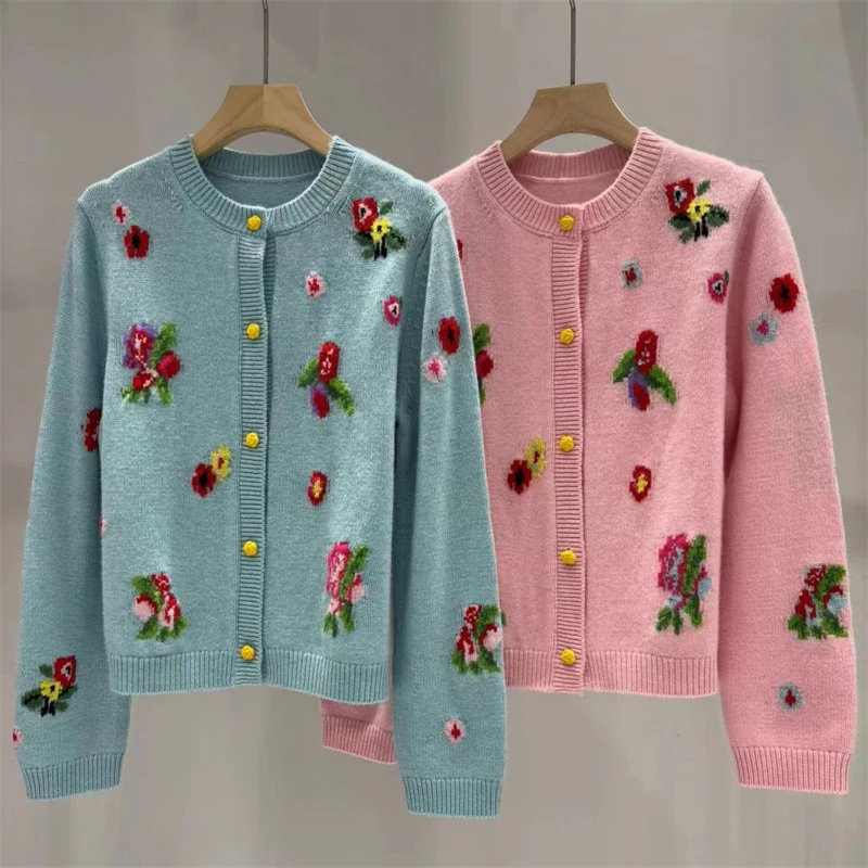 

Spring 2026 Women's round Neck Embroidered Flower Single Button Knitted Cardigan High-Quality Fashion Casual Cashmere Knitwear
