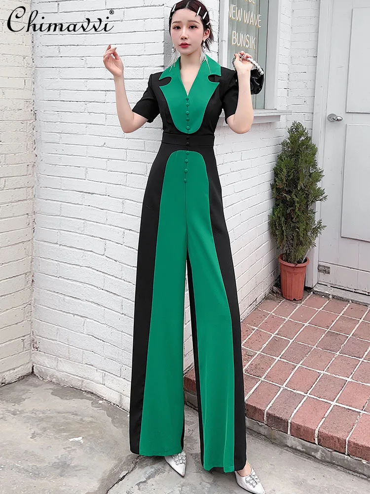 Women's Commuter Wide-Leg Pants High Waist Drooping Slimming Fashion Color Matching Elegant Goddess Style Jumpsuit Summer New