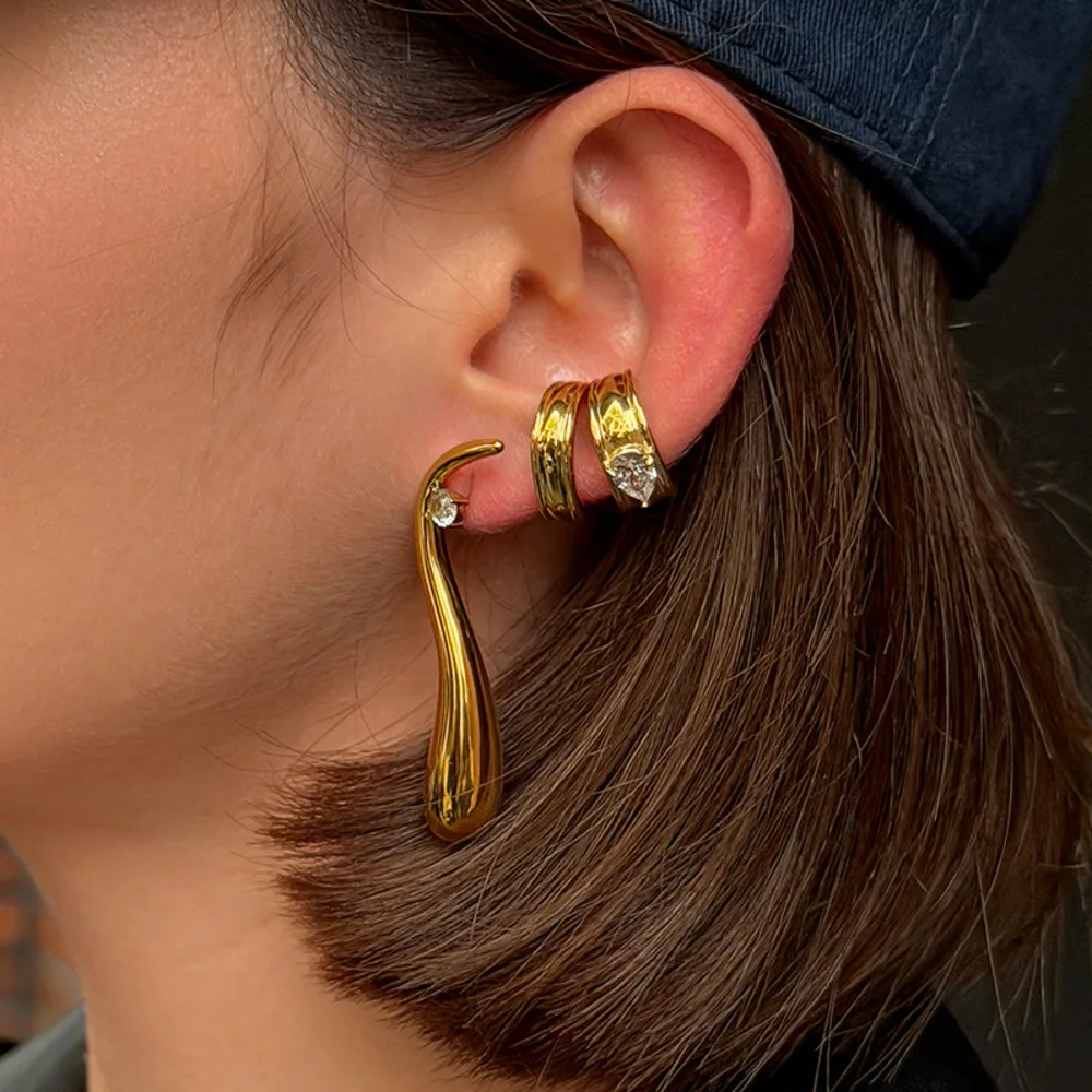 SHIXIN Classic 18K Gold Color Plated Stainless Steel Ear Clip Women Luxury Droplet Shaped Zircon Earring Waterproof Jewelry Gift