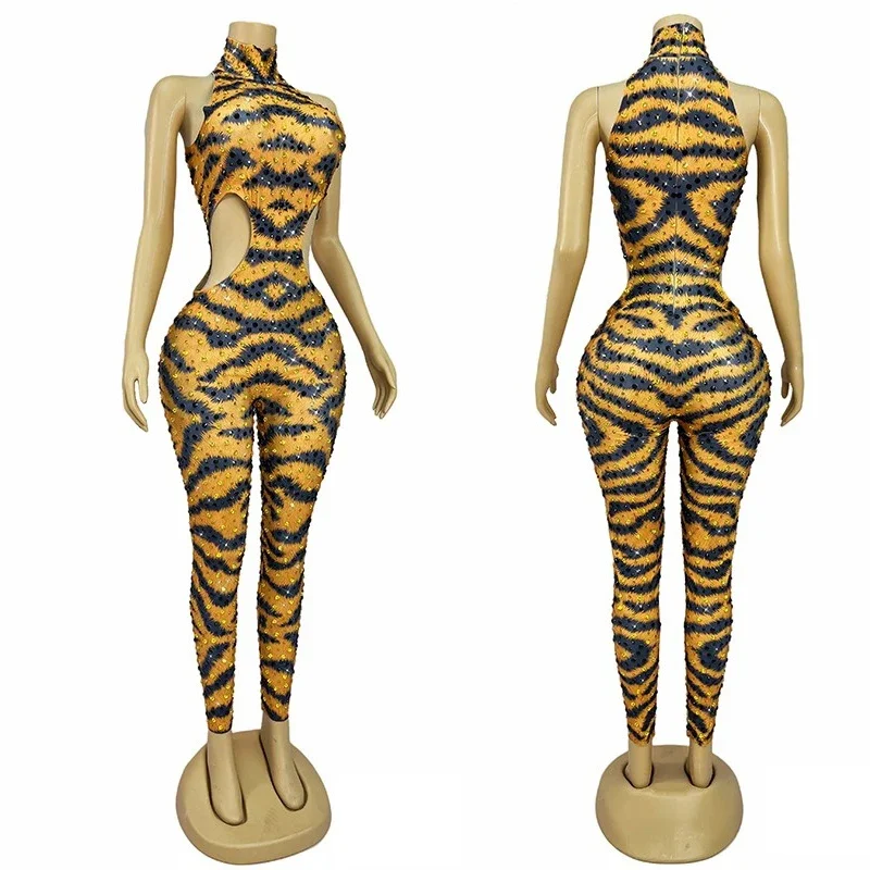 Tiger Pattern Rhinestones Jumpsuit Women Party Gogo Dance Costume Nightclub Dj Ds Rave Outfit Stage Festival Cloth
