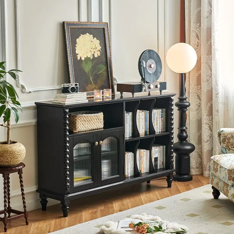 

Black high-end bookcase with glass door, all solid wood French retro style home living room display storage, low vertical