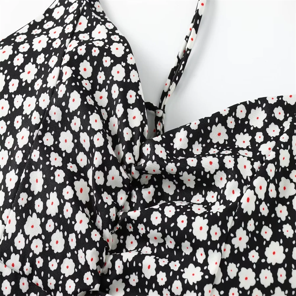 Spring and Summer 2024 New Women's Fashion and Casual Waist Closing Open Back Mid Length Split Strap Fragmented Flower Dress