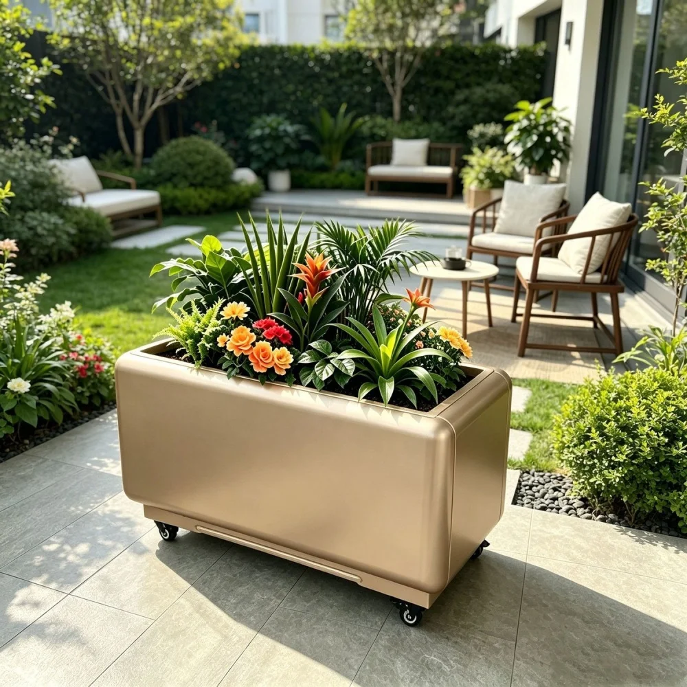 Metal Planter Box, Anti Rust Movable Rolling Flower Pot with Drain Tray for Balcony Courtyard Home Indoor Outdoor Gardening