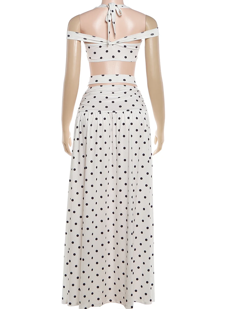 Nibber Chic Vacation 2-teiliges Set für Damen mit Polka-Dot-Print, sexy Neckholder-Bandagen-Crop-Tops mit Schrägausschnitt + hohler, geraffter Rock, Trendanzüge – Detail 17