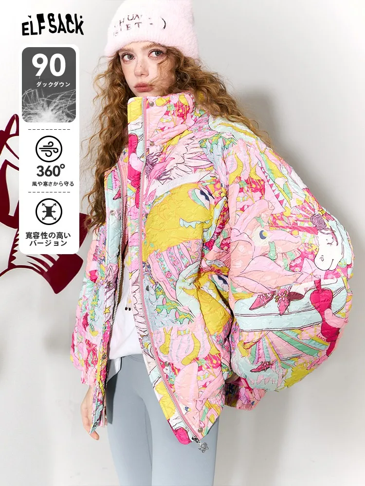 

Женская короткая пуховая куртка Original Elf Sack Neon с принтом, гарантированная теплота, повседневный стиль, стандартный крой, наполнитель — утиный пух