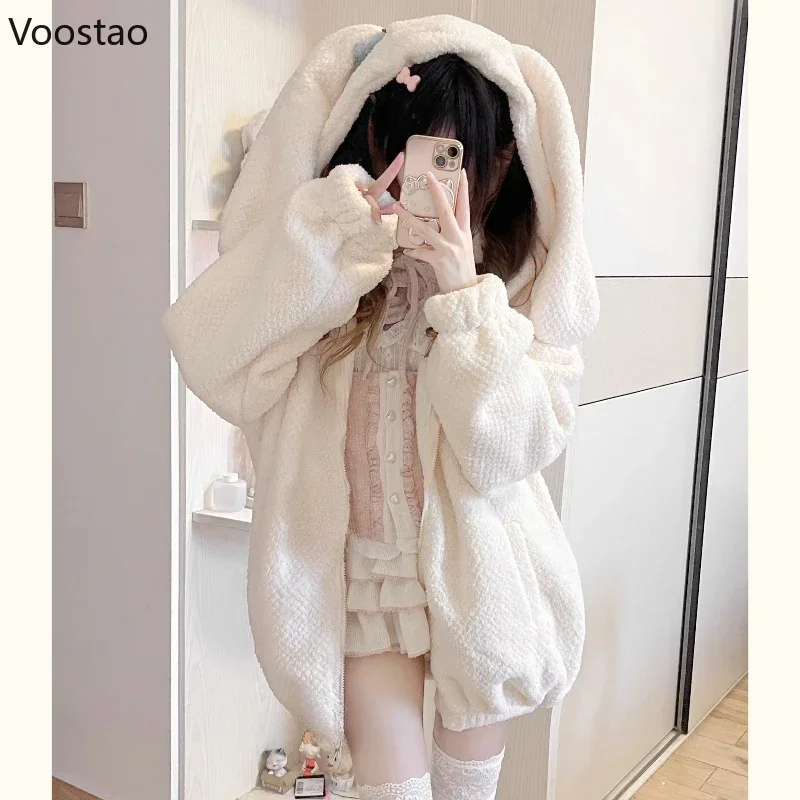 Sweet Lolita Style Rabbit Ears Hooded Coats Women Autumn Winter Fashion Oversize Warm Jackets Cute Y2k Bunny Zipper Sweatshirt