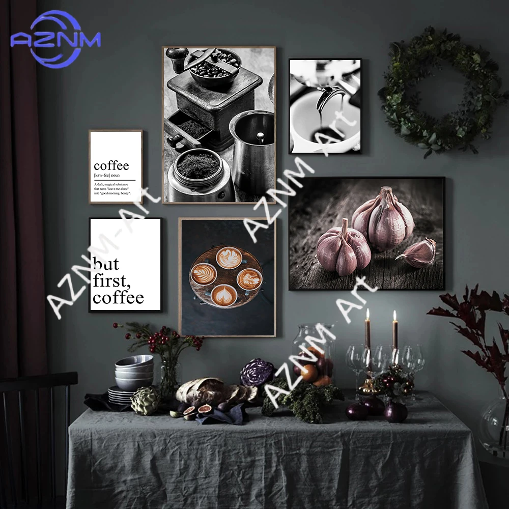Küchenkunst Latte-Deko-Poster „But First Coffee“-Zitatdruck Schwarz-Weiß-Wandkunst Leinwandbild für Esszimmer